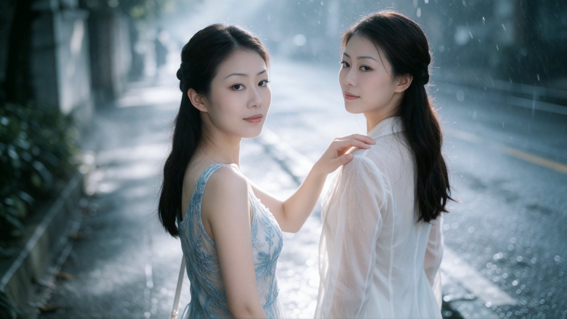梦核ins 低像素摄影风格,  精致女生走在雨后街边步道,  脸部转向镜头方向 by SUNSHINE on Tensor.Art