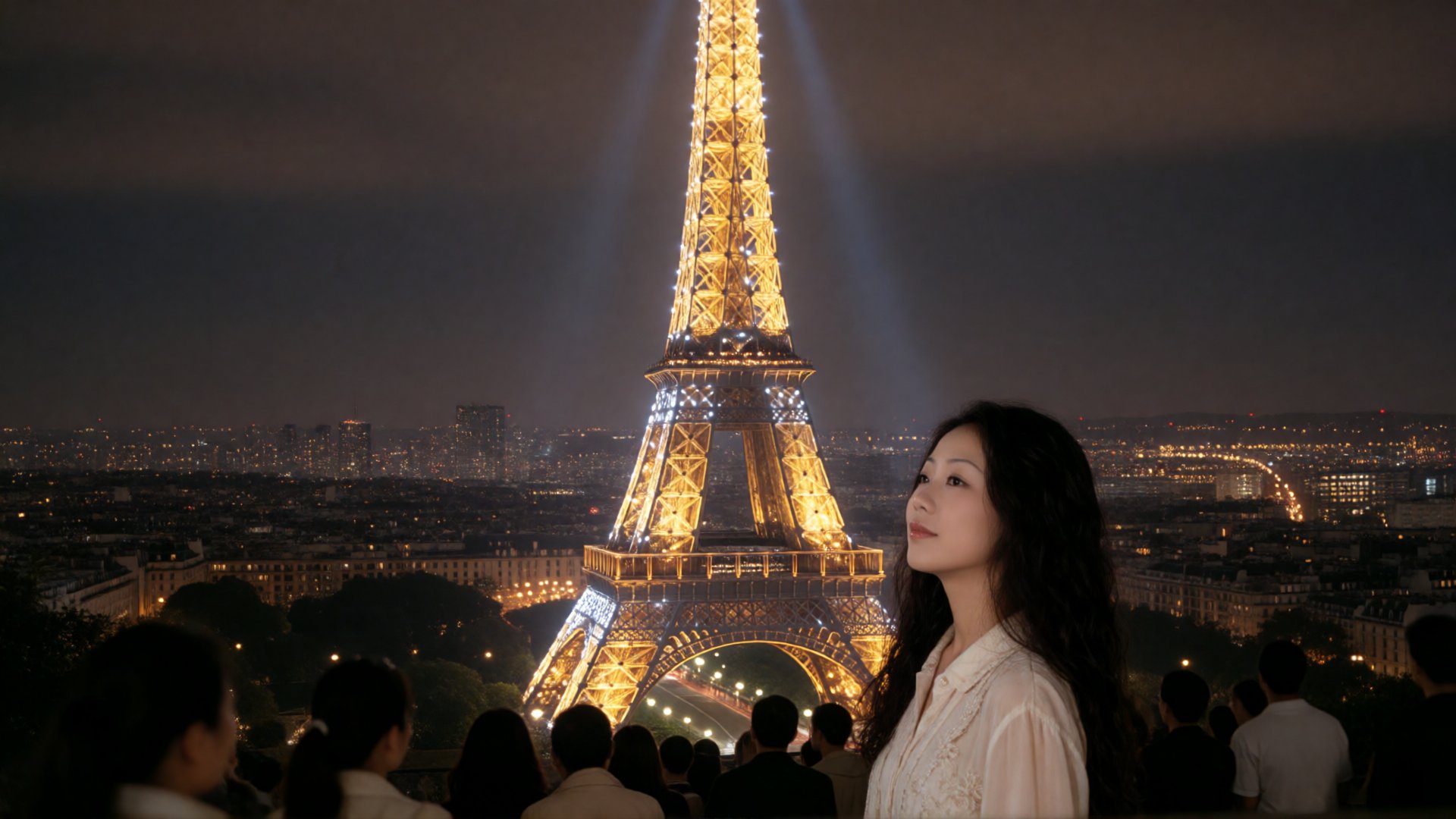 reba,  a Chinese girl ,  stands under the Eiffel Tower. The iconic steel hollow tower stands in the center of the city. Wh...