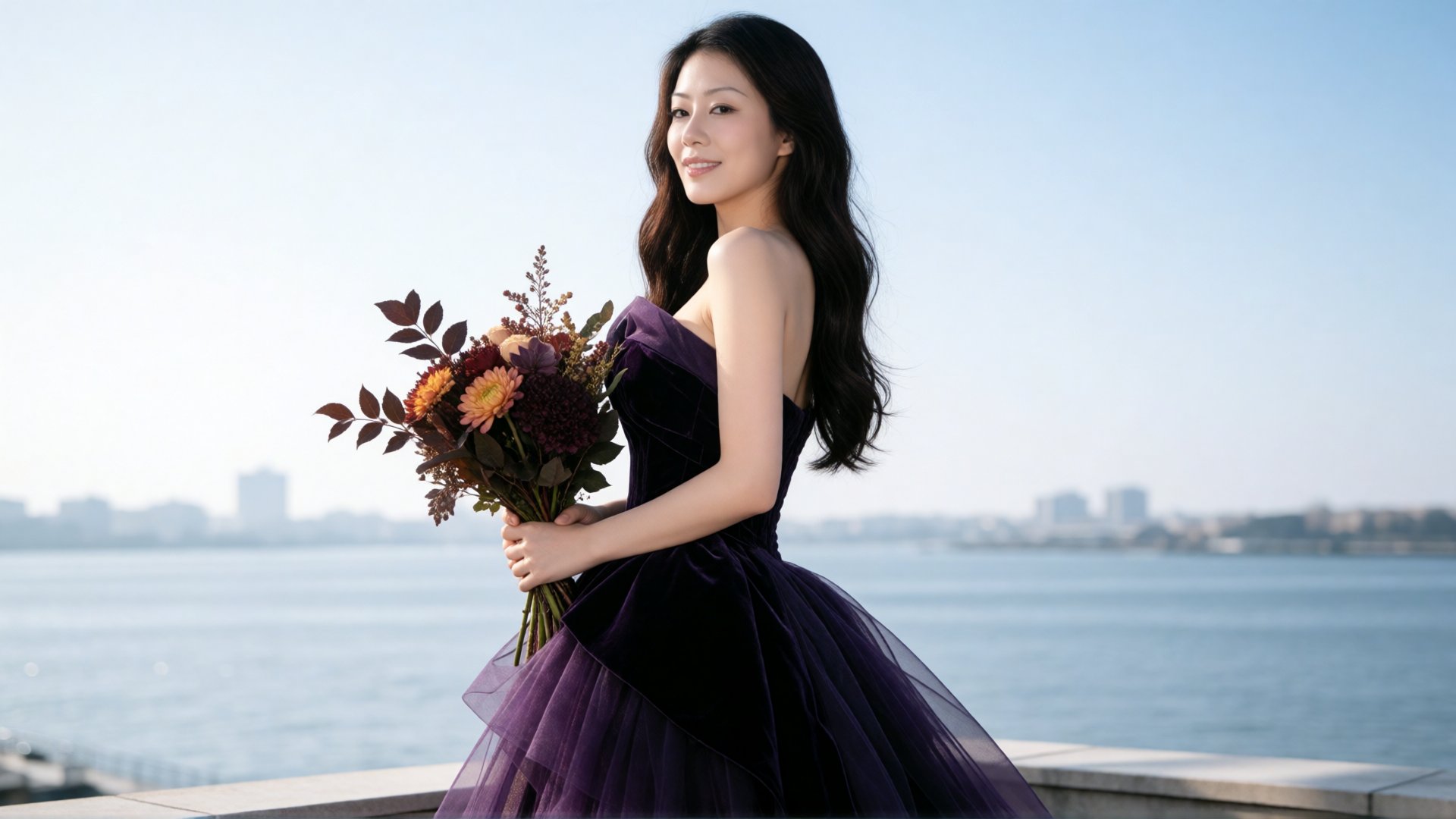 reba,  A woman with long,  wavy dark hair poses in profile against a bright by SUNSHINE on Tensor.Art