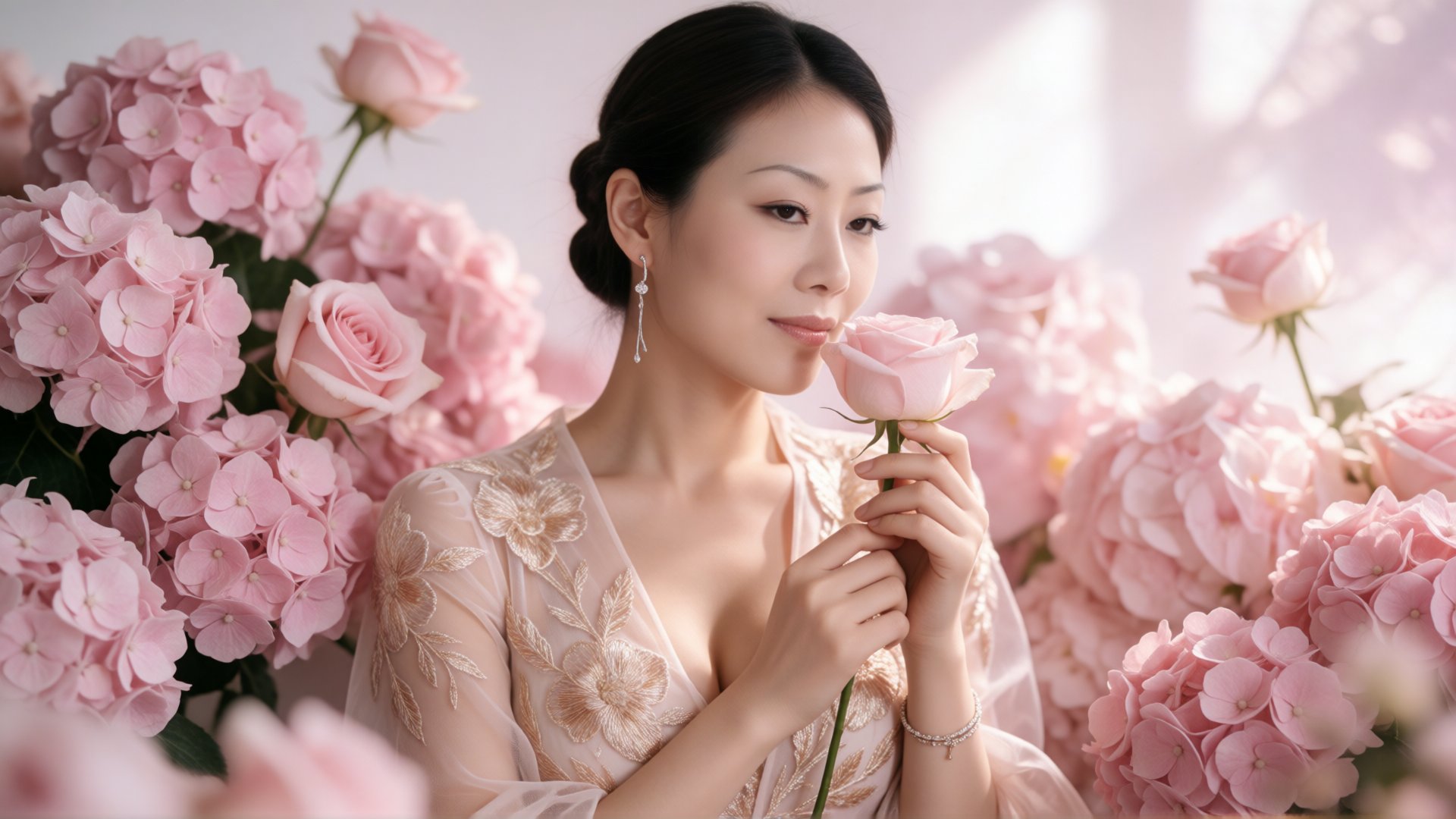 reba,  A woman with dark hair styled in a sleek updo is captured in a soft,  dreamy portrait by SUNSHINE on Tensor.Art