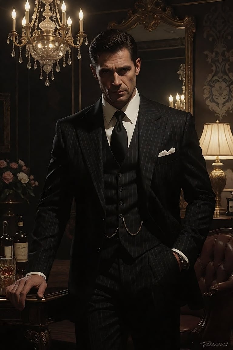 The image depicts a man dressed in a black pinstripe suit,  standing confidently in a luxurious setting. He is positioned...