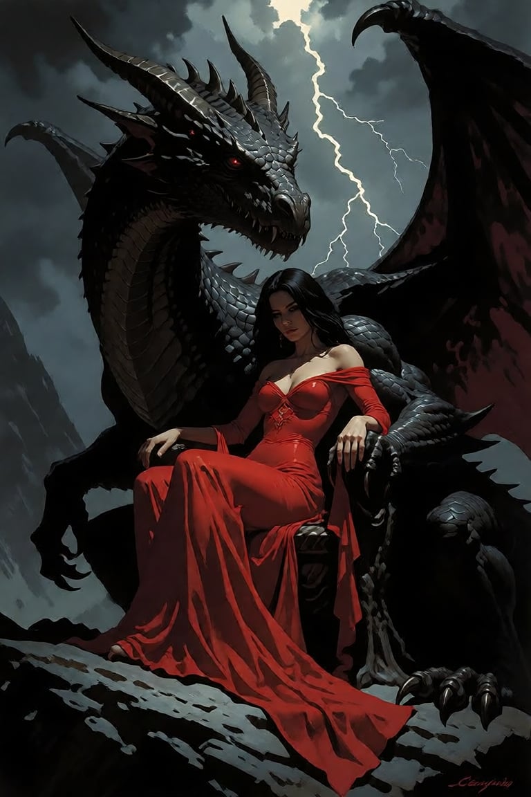 The image depicts a dramatic scene with a woman dressed in a flowing red gown,  seated on a throne-like structure. She is...