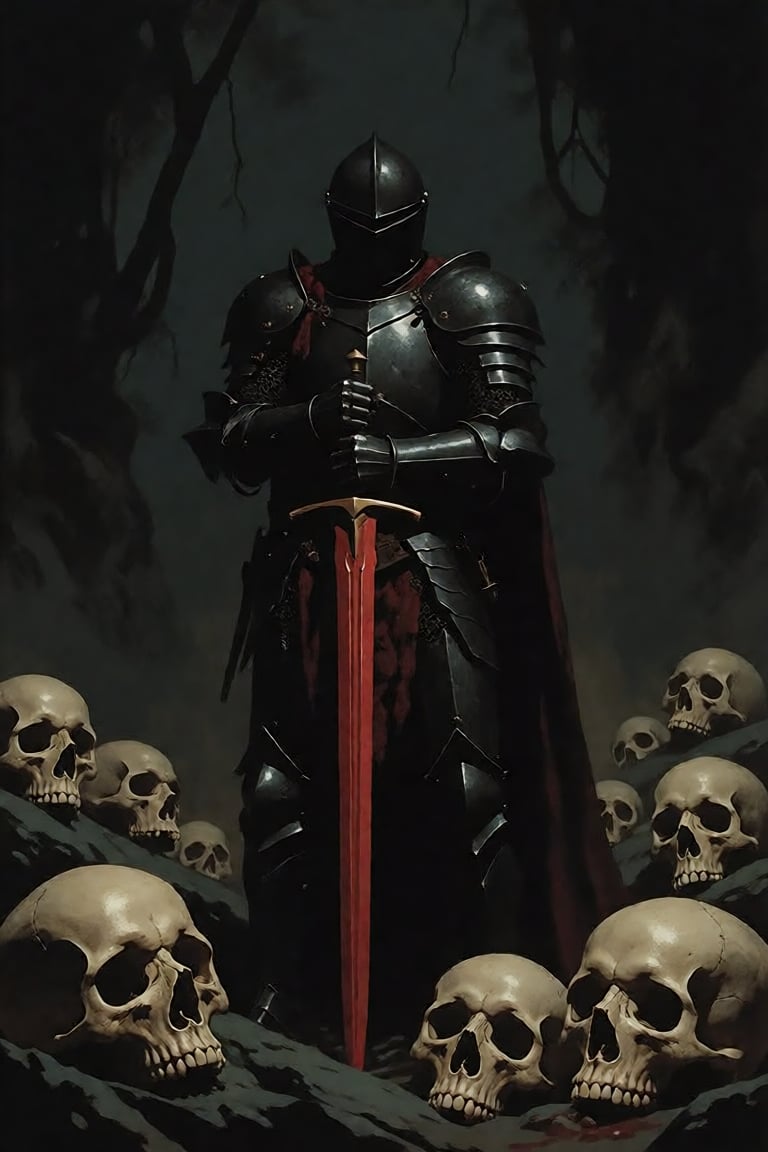 The image depicts a dark,  gothic scene with a knight in full armor standing prominently in the foreground. The knight is...
