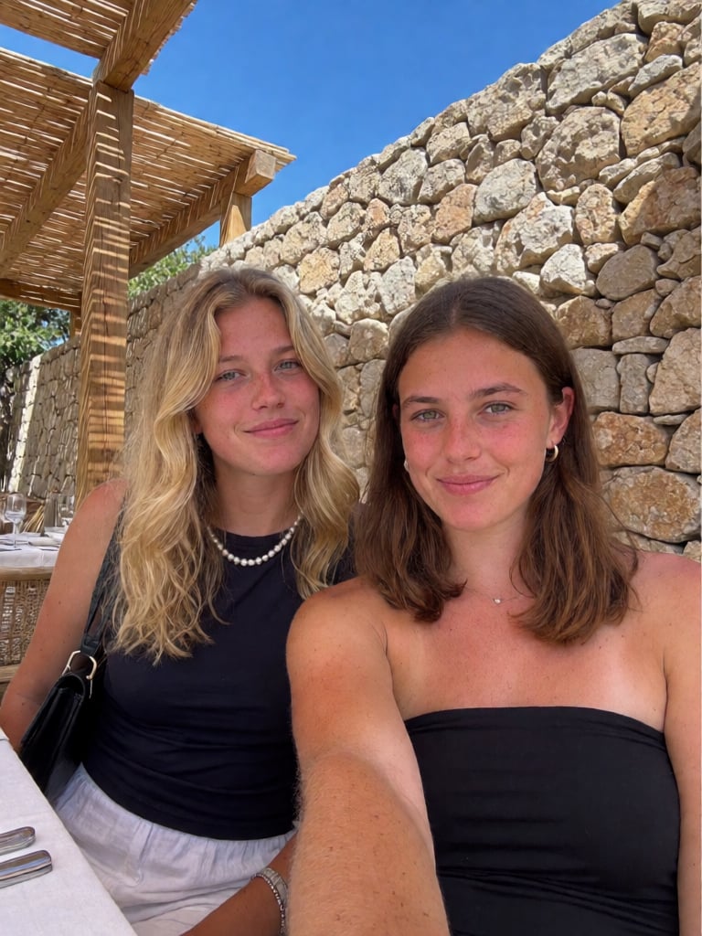 This is a candid photograph taken with a smartphone of two 20 year old women posing for a selfie in an outdoor dining area...