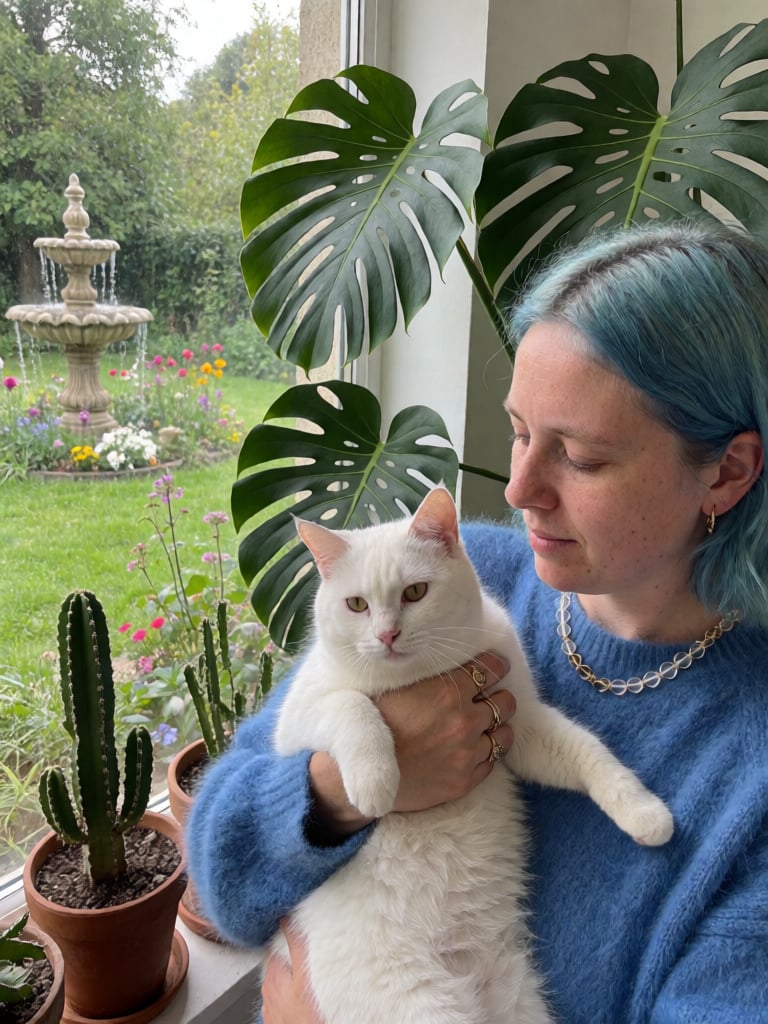 This is a candid photograph taken with a smartphone of a woman with blue-tinted hair holding a white cat. She wears a fuzz...