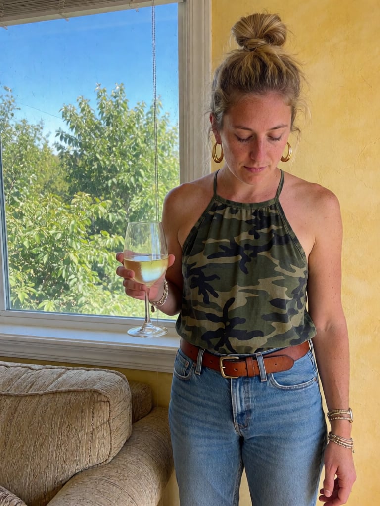 This is a candid photograph taken with a smartphone of a woman standing indoors near a window,  holding a wine glass fille...