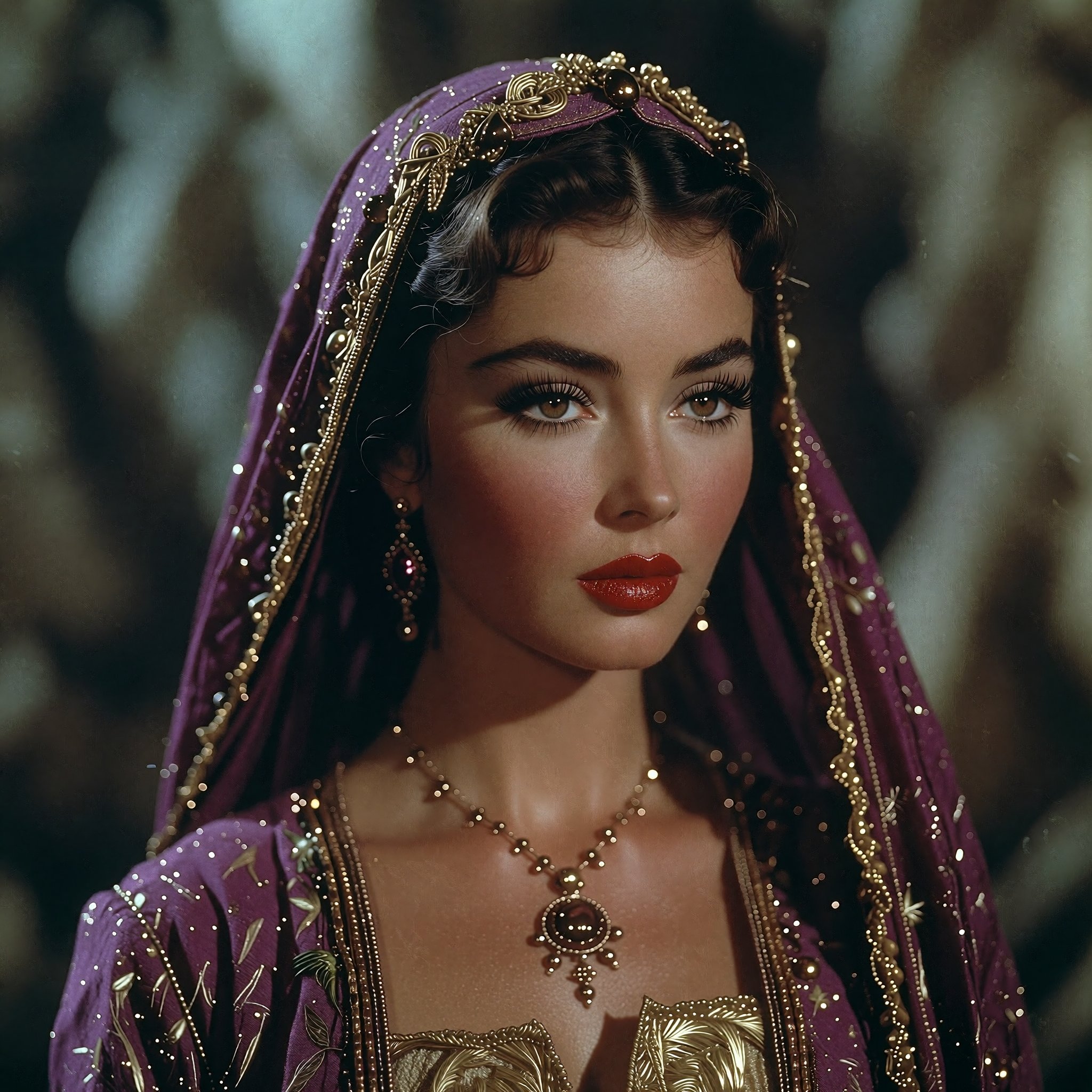 Create an image of a woman adorned in elaborate traditional attire. She wears a luxurious purple garment with intricate go...