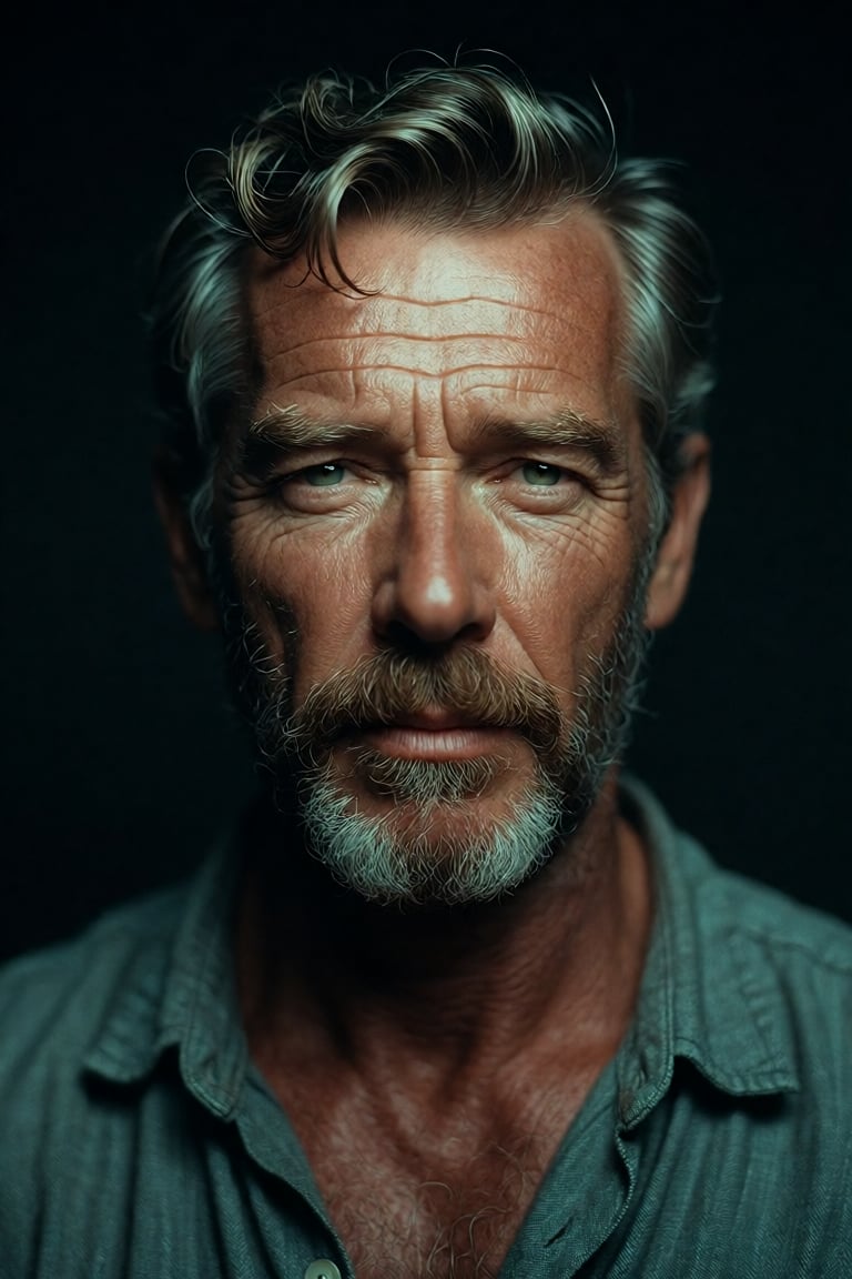 A close-up portrait of a mature man in his late 50s or early 60s,  captured with striking photorealistic detail against a...
