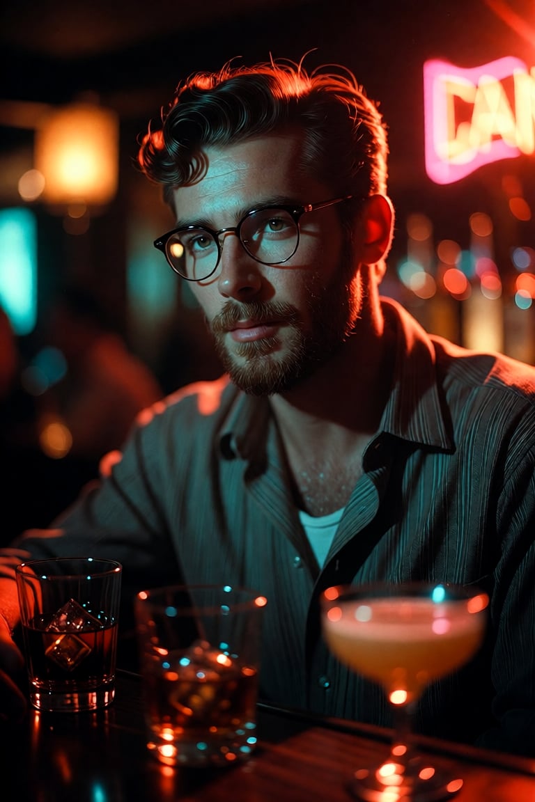 A young man with wavy,  dark brown hair swept back from his forehead and a neatly trimmed beard with subtle stubble sits a...