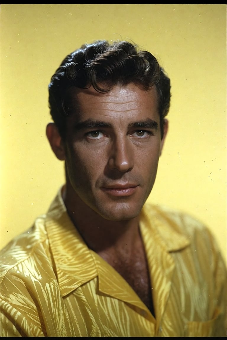 Create an image where a man with dark,  slightly wavy hair stands out against a solid yellow background. He wears a bright...