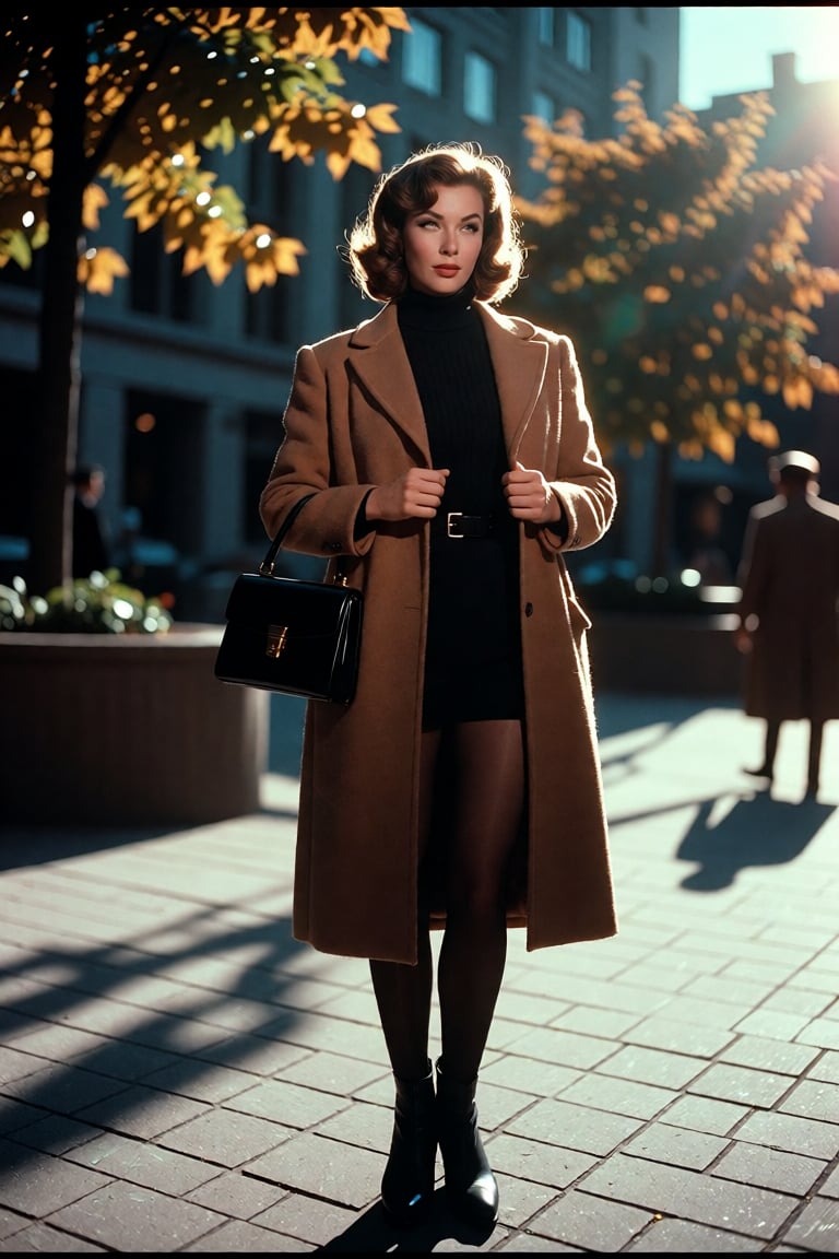 Create an image of a woman standing outdoors in an urban environment. She wears a camel-colored overcoat,  a black turtlen...