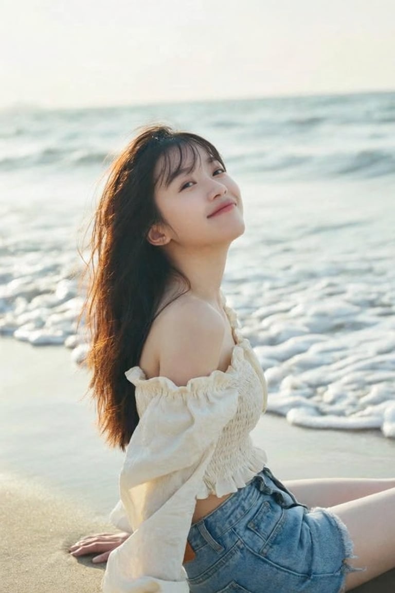 jvibes,  wide-angle shot of a relaxed girl with long hair,  wearing an off-shoulder midriff blouse by riiwa on Tensor.Art