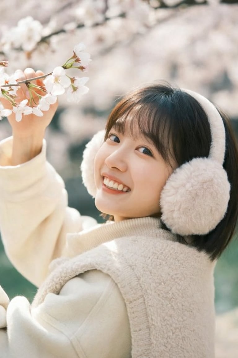 jvibes,  over-the-shoulder shot of an adorable woman with a short bob and fluffy earmuffs,  smiling cheerfully as she reac...
