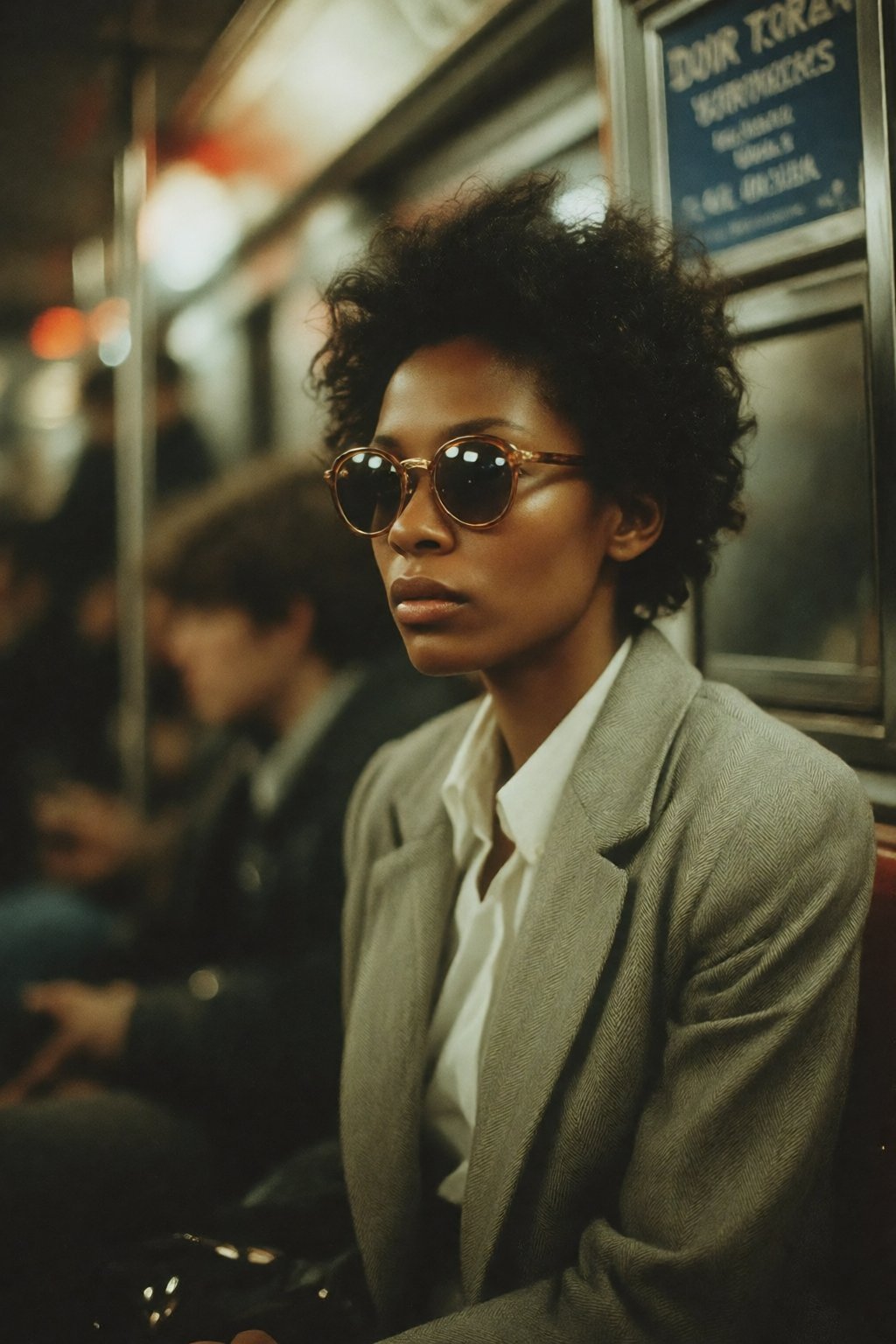 midjourneyanalog17k2e3. An African American woman,  shown in 3/4 profile,  in a light-colored suit and a white shirt by No...
