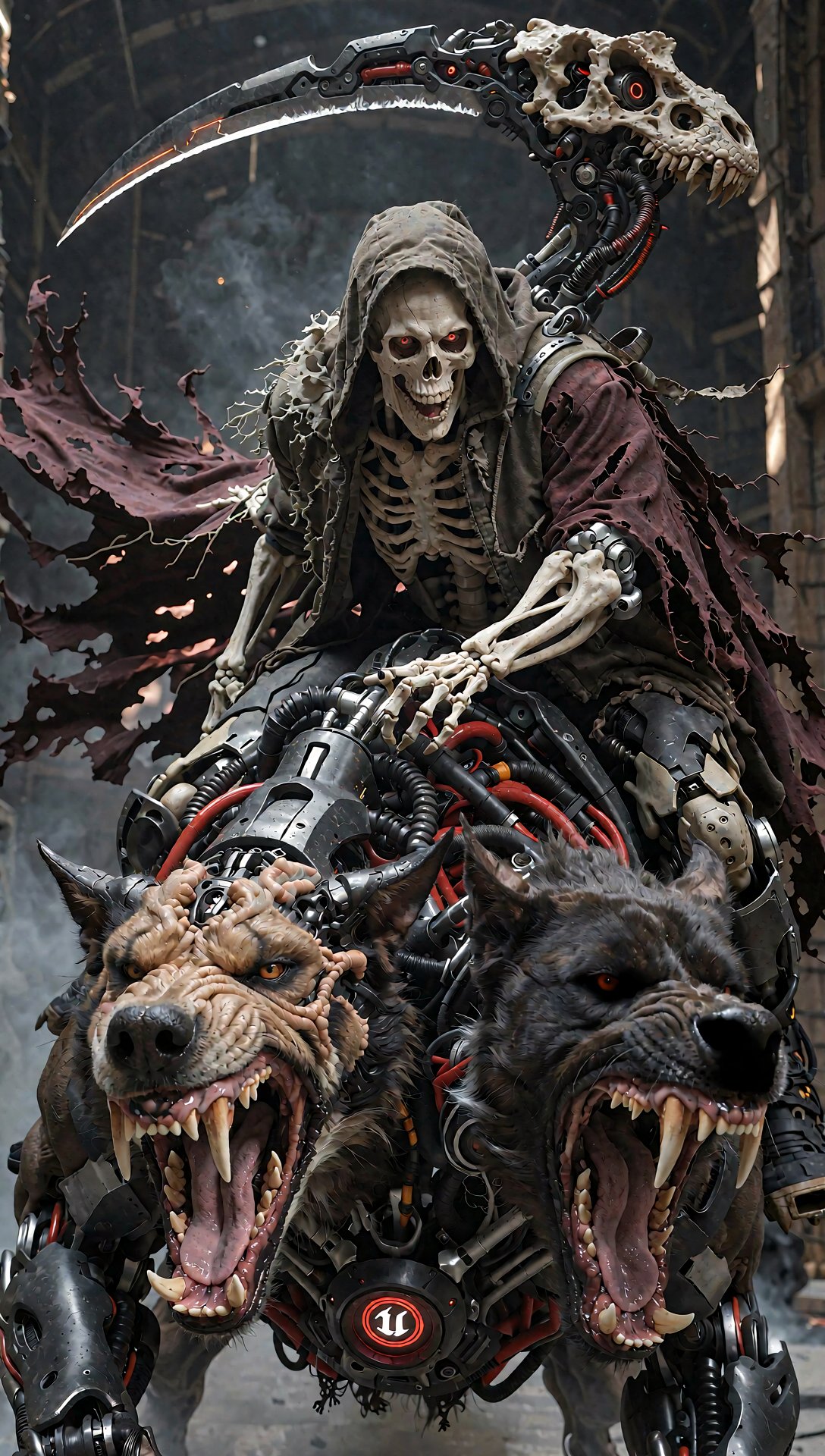 An ultra-detailed,  masterfully crafted biomechanical dark fantasy masterpiece. A futuristic Grim Reaper skeleton warrior...