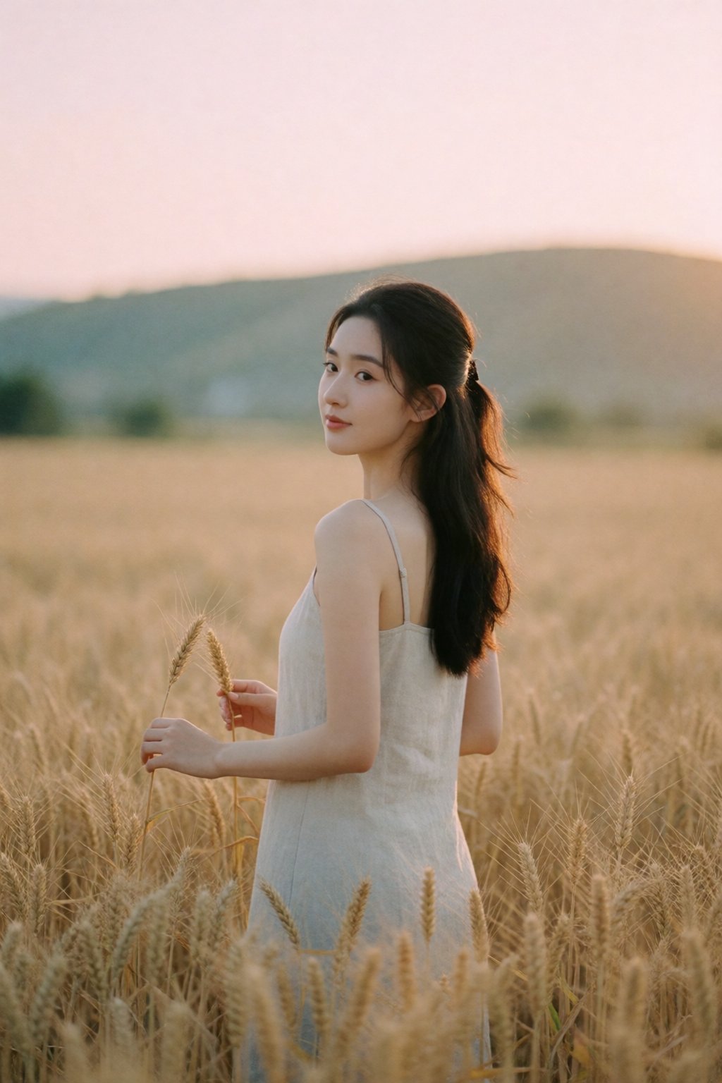 东亚女生人像摄影,  治愈系黄昏田园写真风格,  人物站成熟浅金色麦田中央 by 星光花园 on Tensor.Art