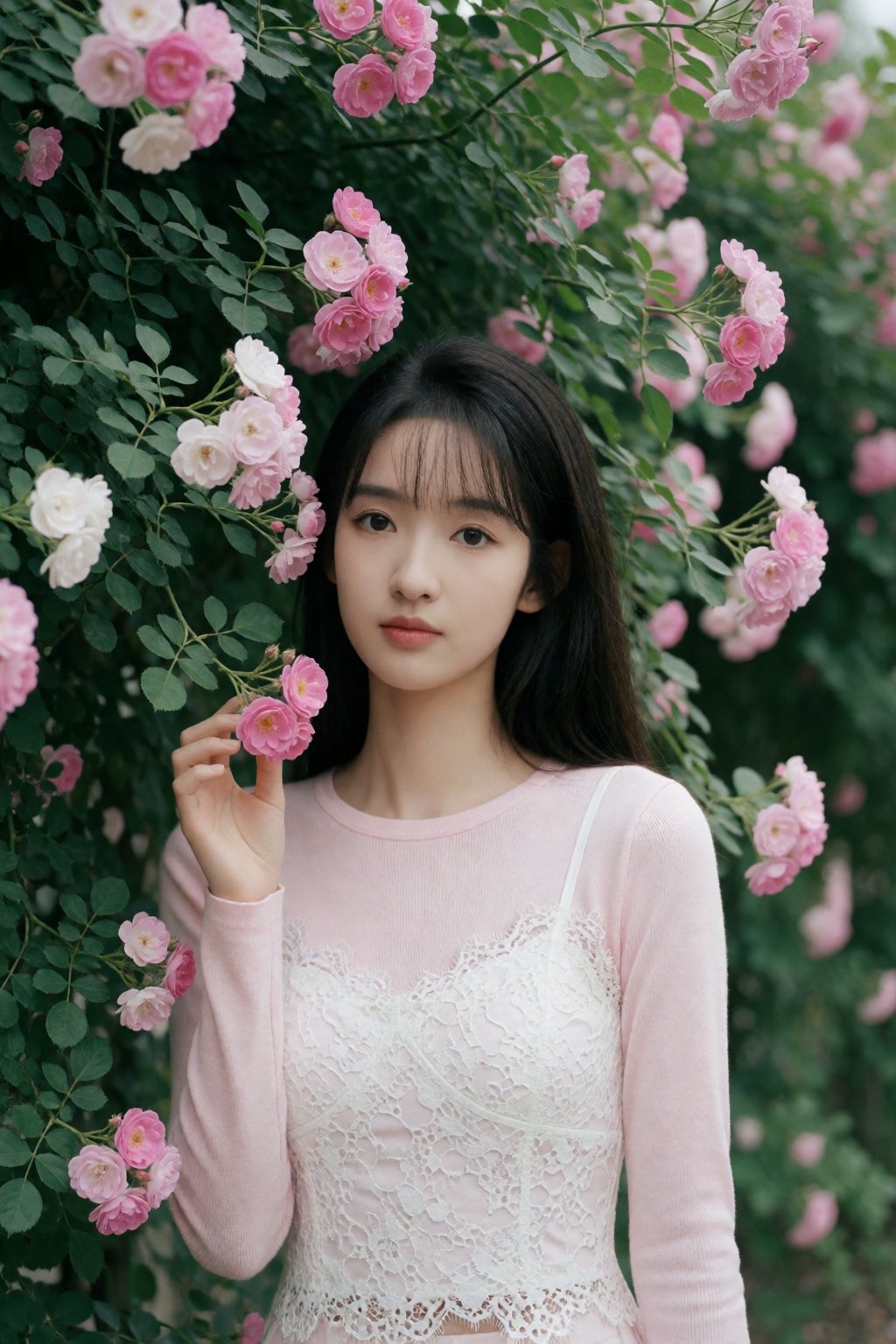 中国女孩小美,  A medium shot captures a young Asian woman with long,  dark hair and soft bangs standing amidst a lush bush of pi...