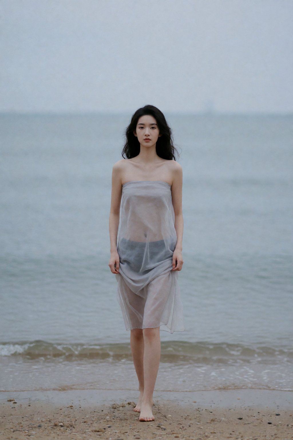 东亚女生人像摄影,  冷淡风海边纪实写真风格,  人物走阴天浅滩沙滩 by 星光花园 on Tensor.Art