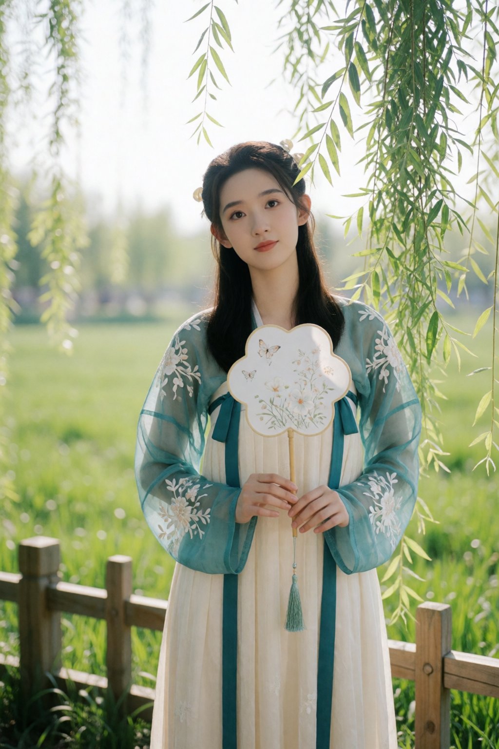 中国女孩小美,  In a sunlit outdoor garden,  a young woman with long dark hair stands partially framed by the hanging green branc...