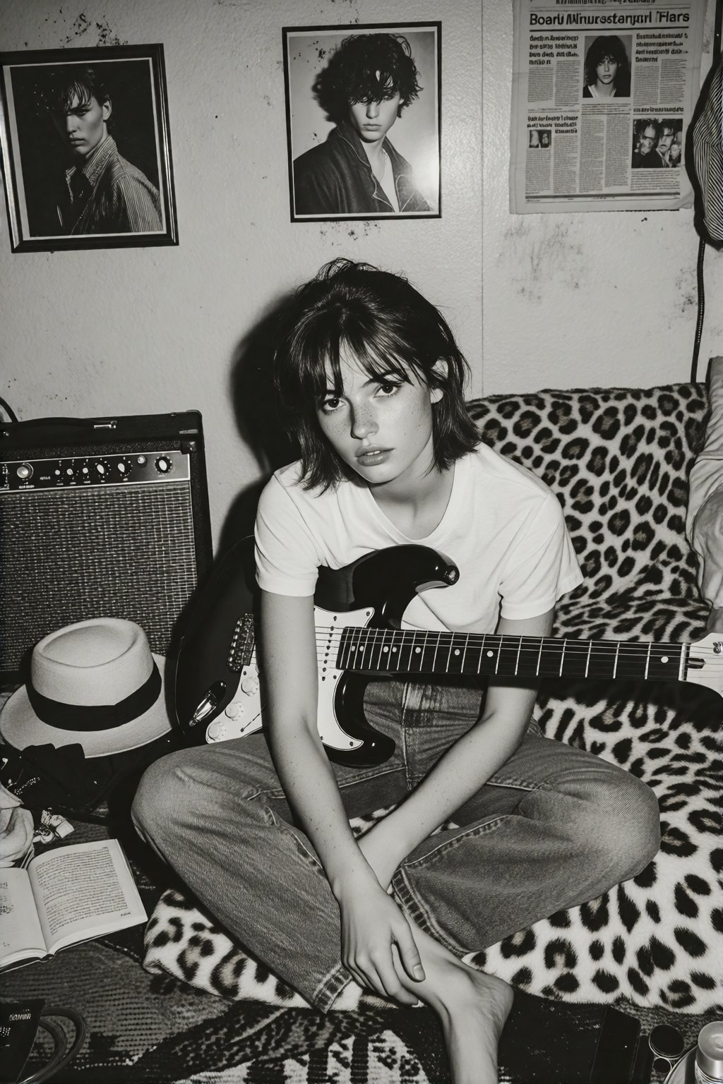 midjourneyanalog19k2e10. A candid,  high-contrast black and white photograph of a young female musician with short,  dishe...