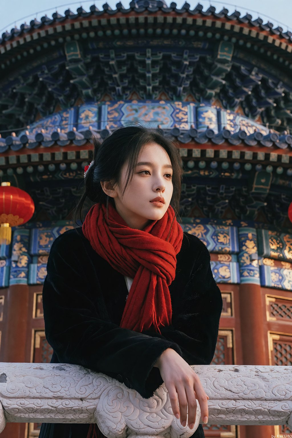 一位年轻东亚女性,  黑发中分后挽起,  几缕碎发垂于额前与耳侧 by RAY3780 on Tensor.Art