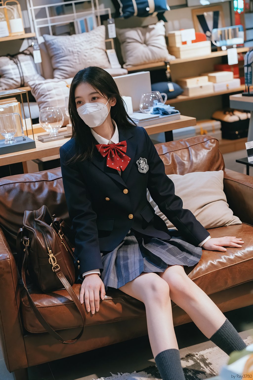 一位年轻女性坐在棕色皮革双人沙发上,  面向画面左前方,  身体微侧 by RAY3780 on Tensor.Art