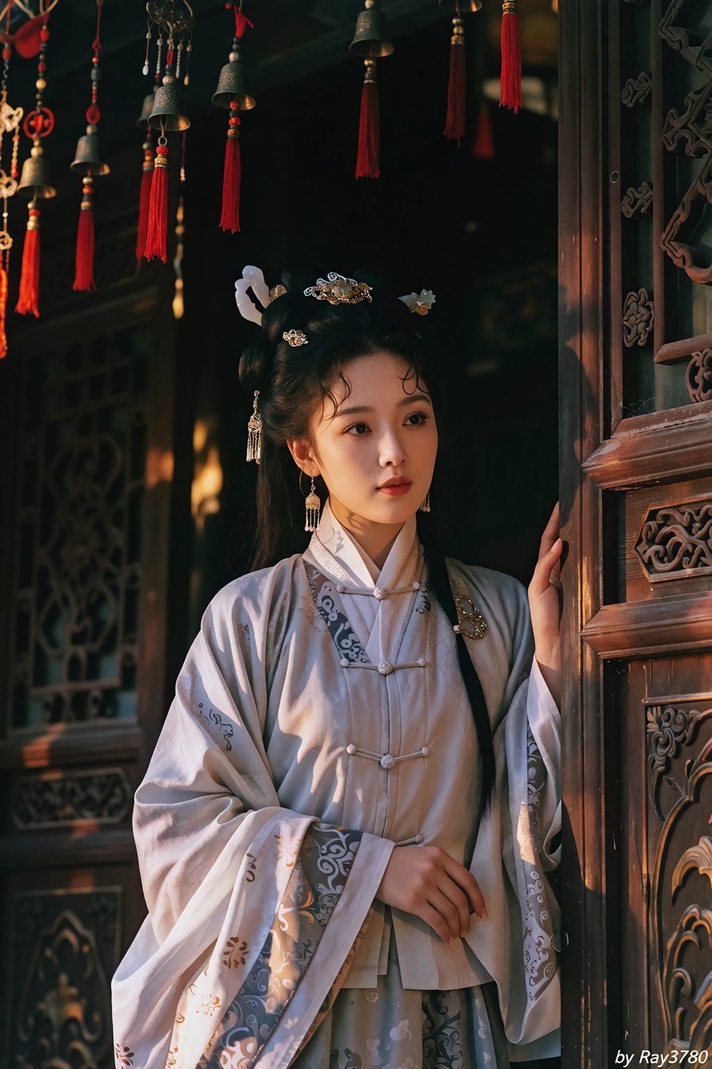 90年代清宫戏,  一名东亚女性并肩立于雕花木门前,  女子梳高髻 by RAY3780 on Tensor.Art