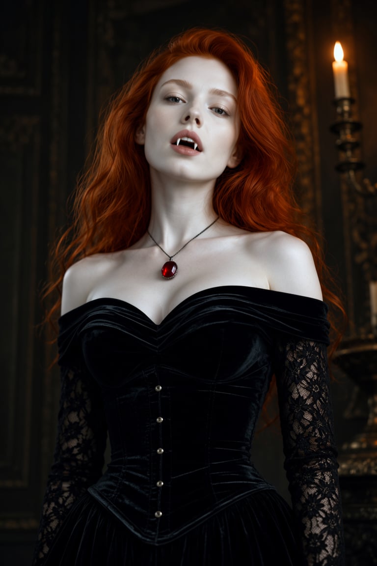 Medium close-up photograph of a striking redheaded vampire woman with pale fair skin,  wearing an off-the-shoulder black v...