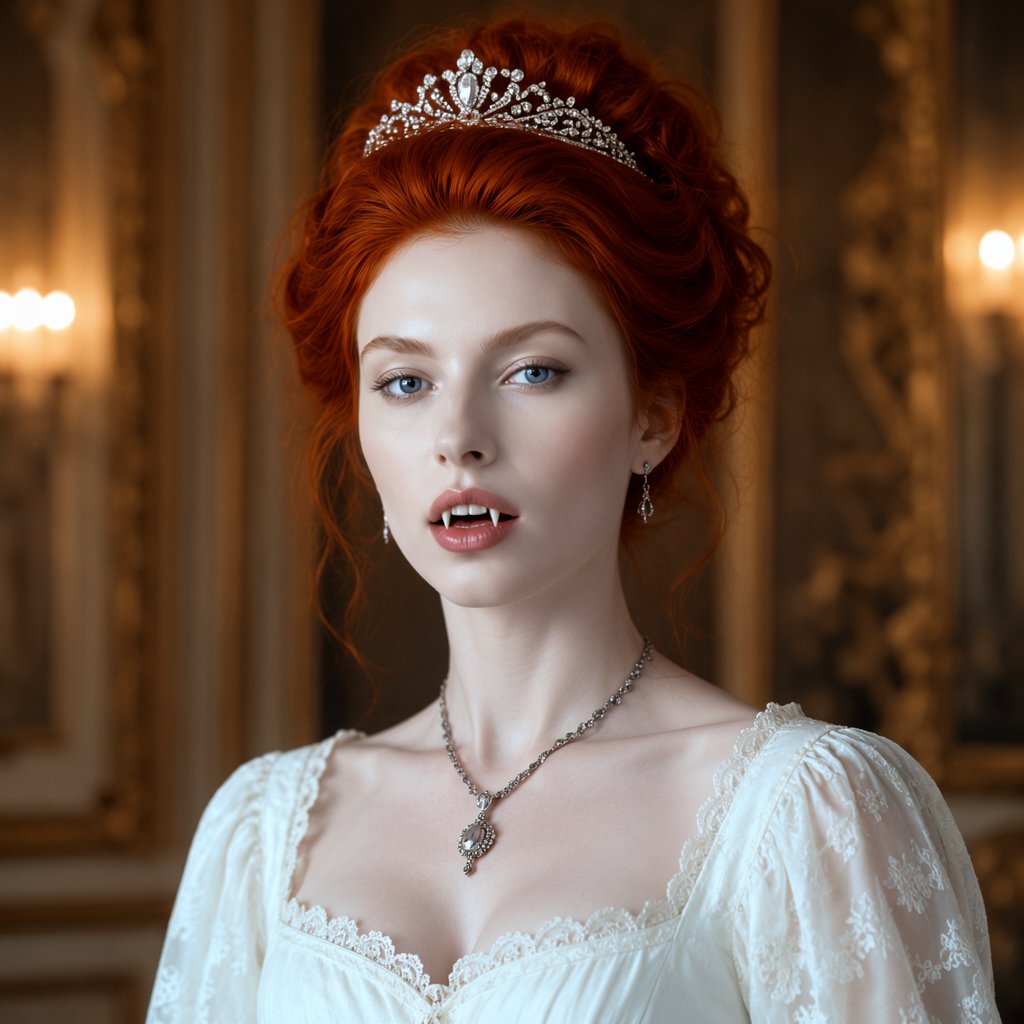 A close-up photograph of a striking vampire woman with fair skin and vibrant red hair styled in an elegant updo,  adorned...