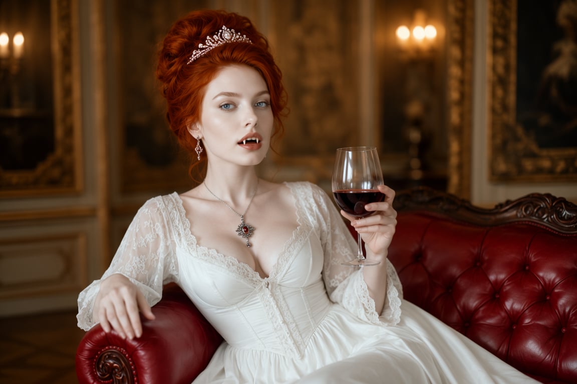 A full shot photograph of a striking vampire woman with fair skin and vibrant red hair styled in an elegant updo,  adorned...