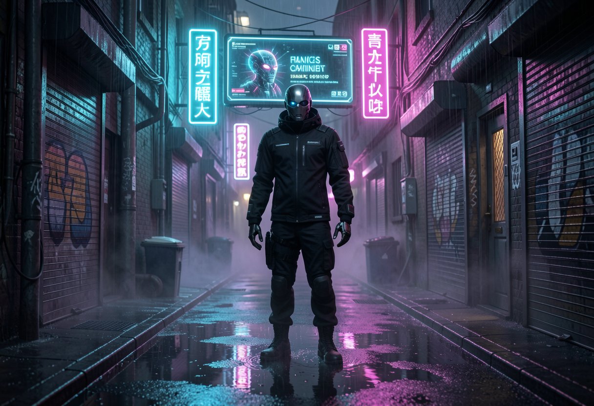 A raw,  gritty cyberpunk alleyway at midnight after a heavy rainfall. Neon signs in vivid cyan and magenta reflect perfect...
