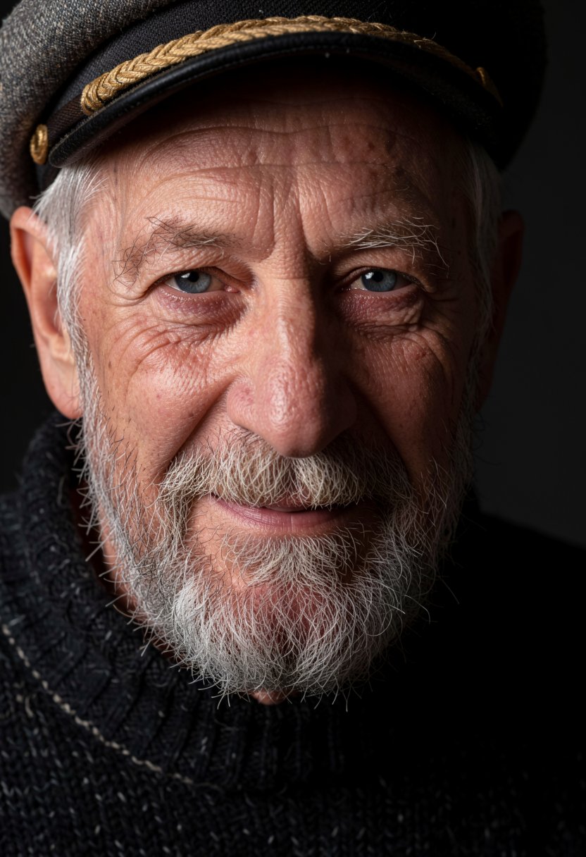 A close-up studio portrait of a weathered,  elderly sea captain with a kind expression. Deeply wrinkled skin,  sharp pierc...