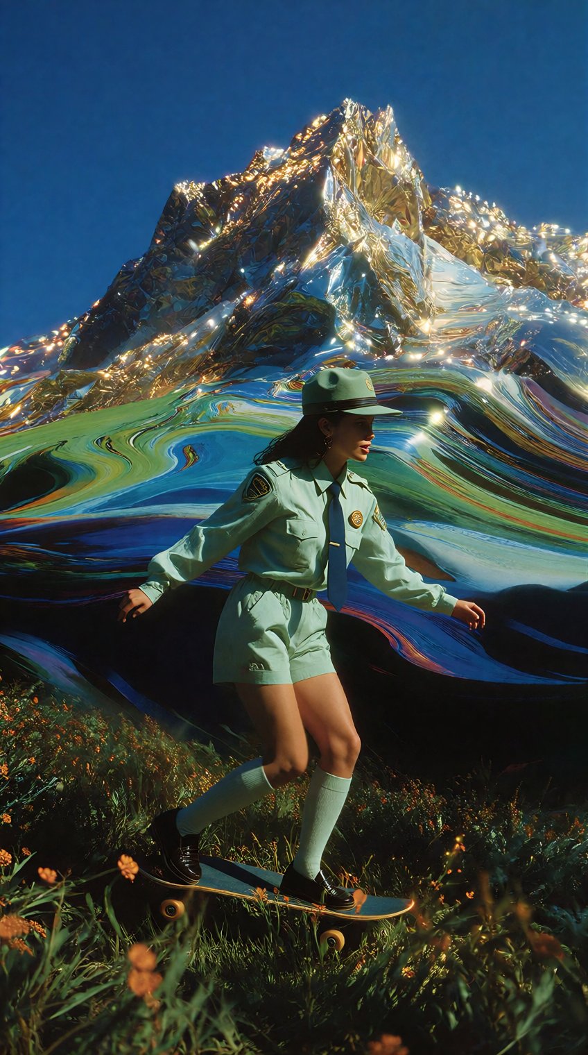 A surreal,  cinematic full-body profile shot of a young woman captured in a quirky,  pop-surrealism collage aesthetic. She...