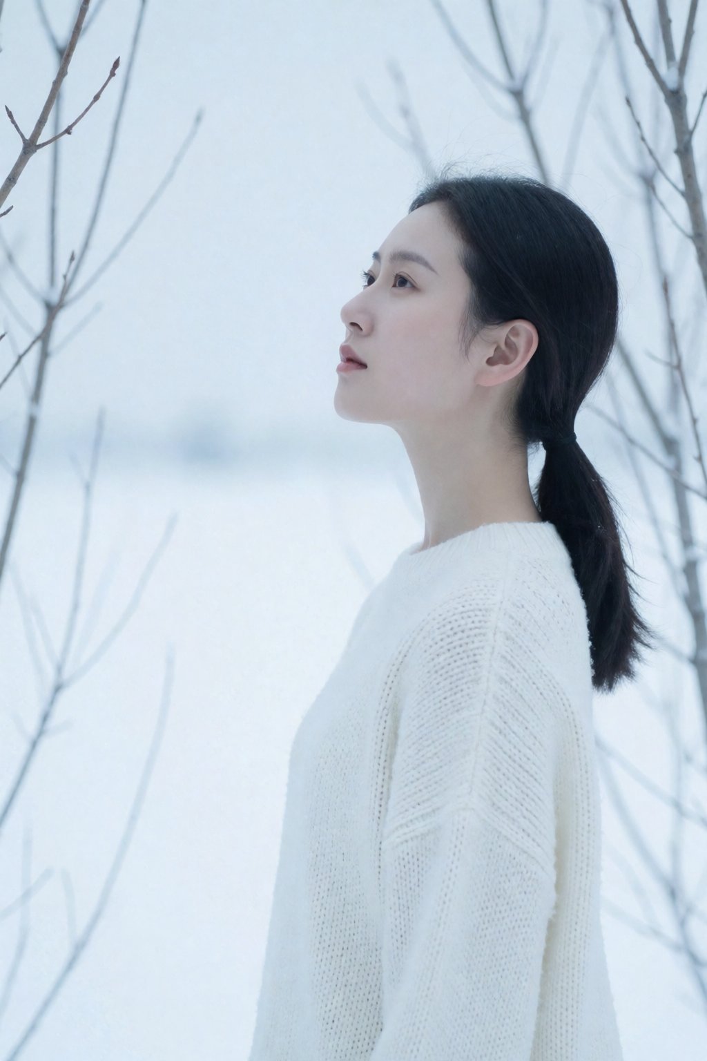 东亚女生人像摄影,  冬日极简清冷户外写真风格,  人物站平整纯白薄雪地面 by 星光花园 on Tensor.Art