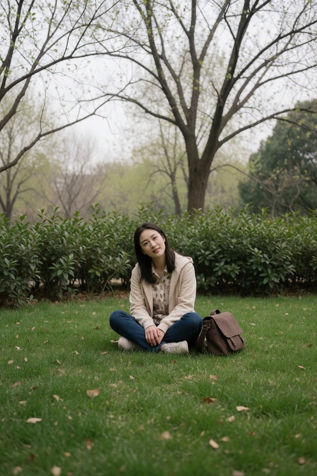 中国女孩小美,  A young woman with long dark hair sits cross-legged on a lush green lawn,  her head tilted slightly as she looks...