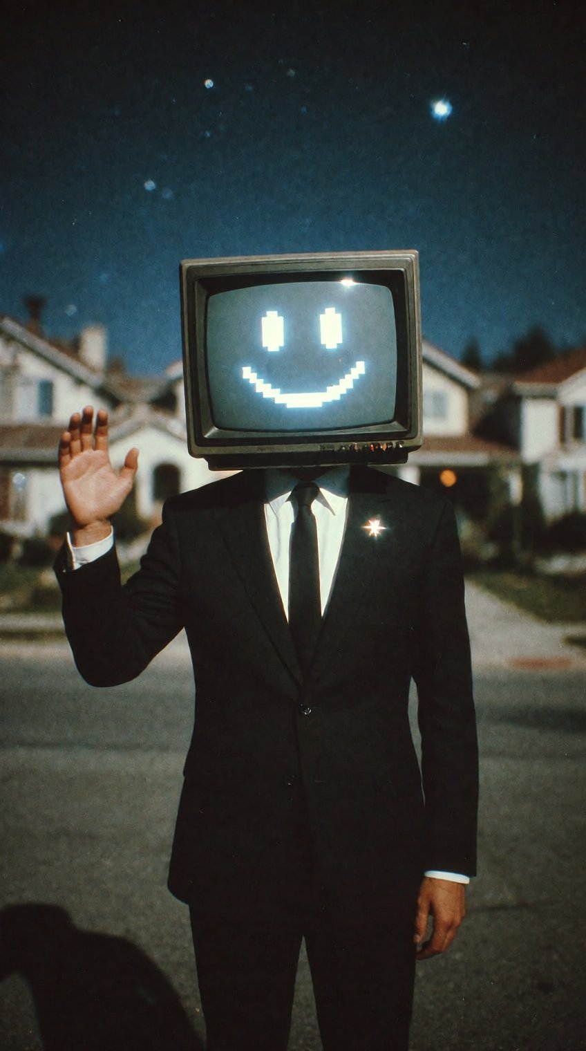 A figure wears a glowing vintage CRT television monitor as a head,  its curved glass screen displaying a simple bright blu...