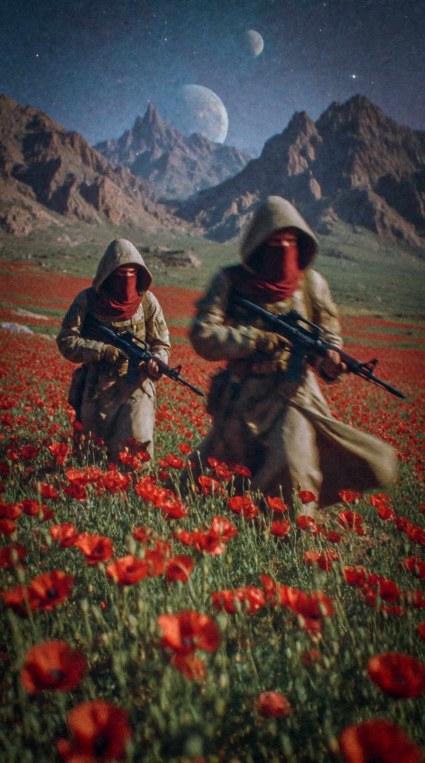 Two hooded figures in tactical robes and red veils move through a dense field of vivid red poppies,  rifles in hand. Their...