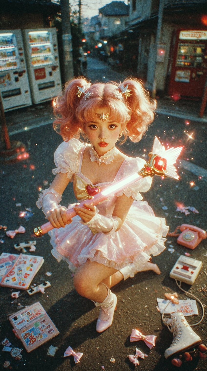Shot from a soaring bird's-eye view directly above,  a striking,  attractive petite Japanese cosplayer styled after a clas...