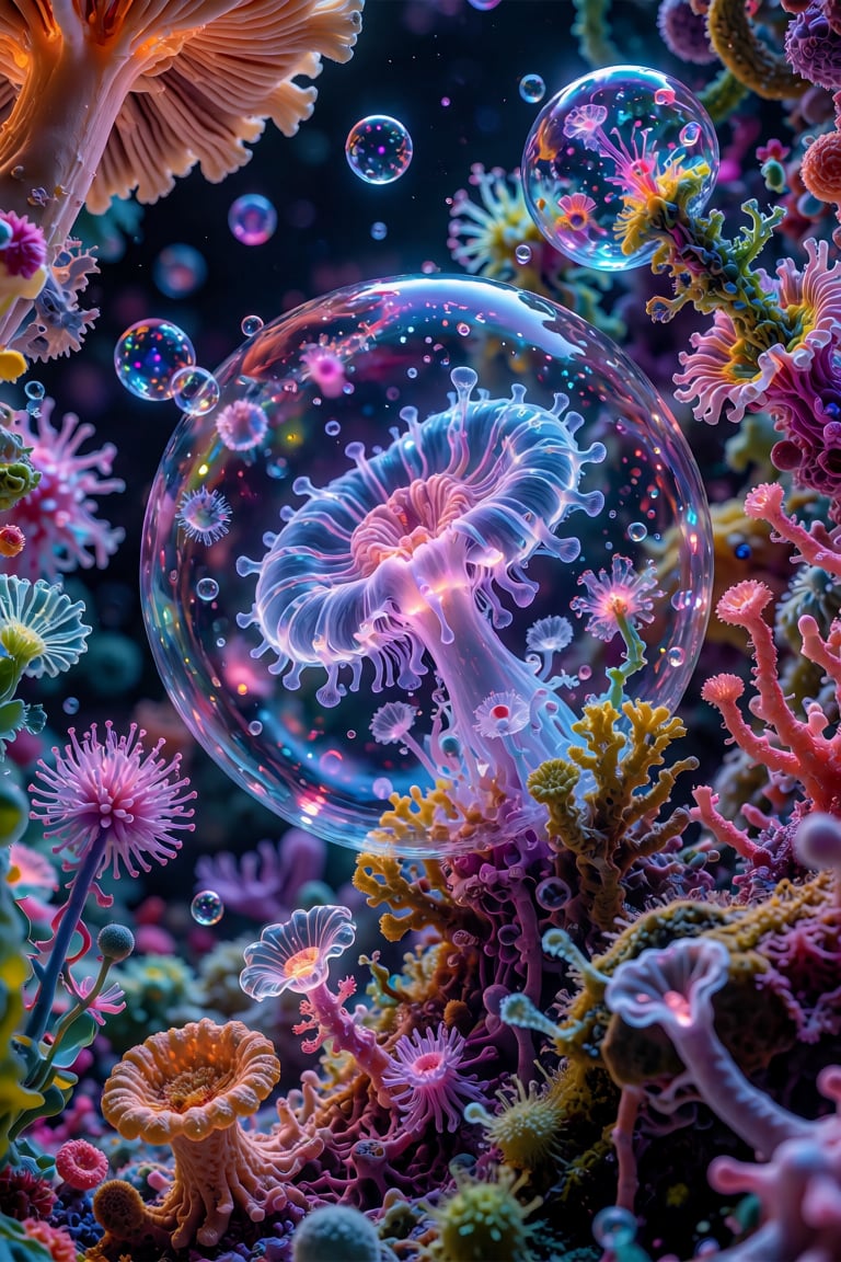 The image depicts a surreal,  vibrant scene filled with various fantastical elements. At the center,  there is a large by...