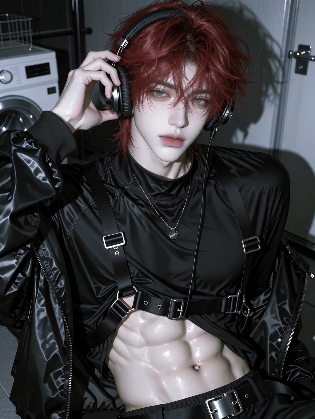 This is a digital artwork of a young,  pale-skinned male with striking red,  tousled hair. He is wearing black by A4TPOP o...