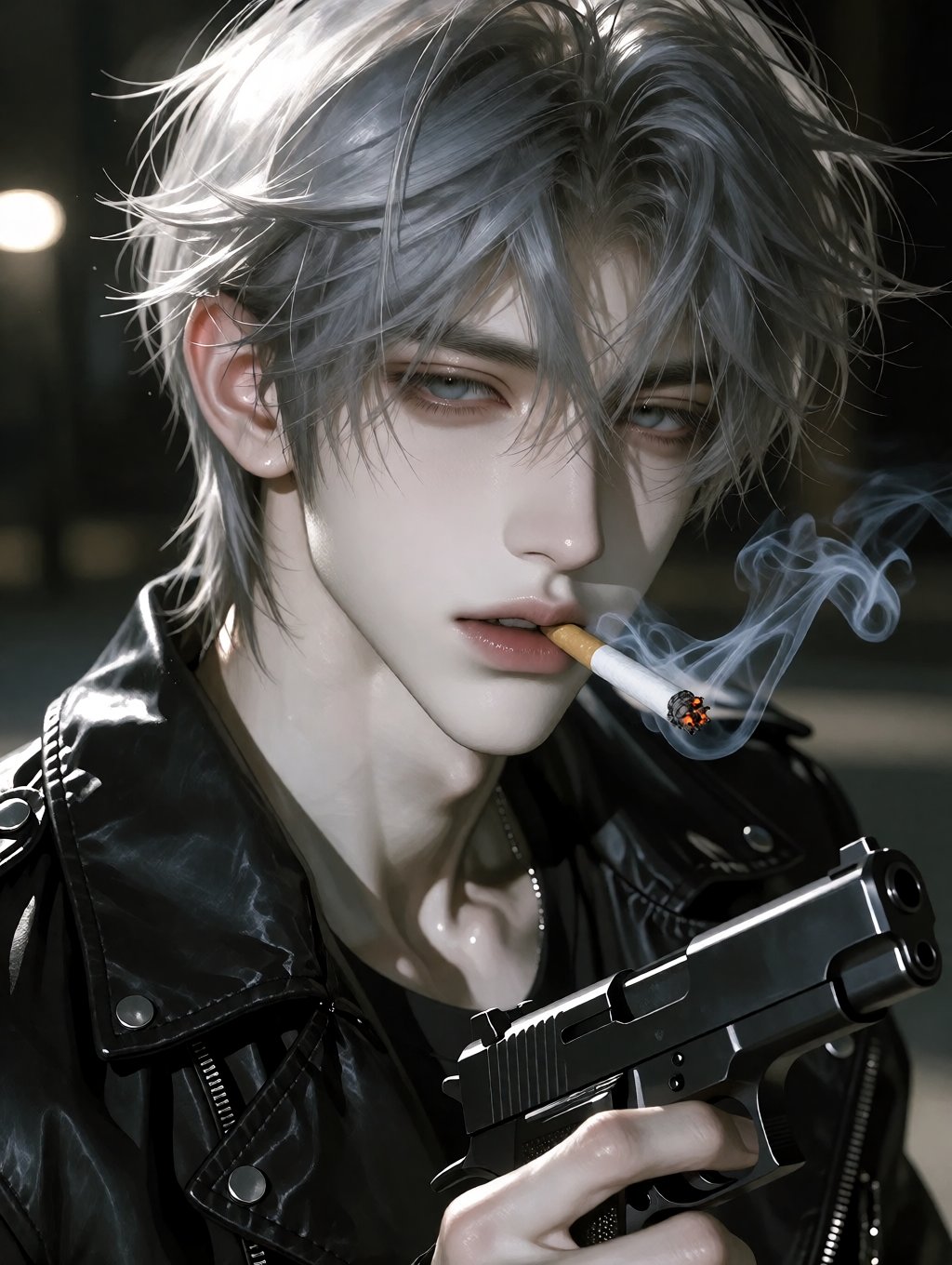This is a digital artwork of a young,  pale-skinned,  androgynous male with striking silver-gray by A4TPOP on Tensor.Art