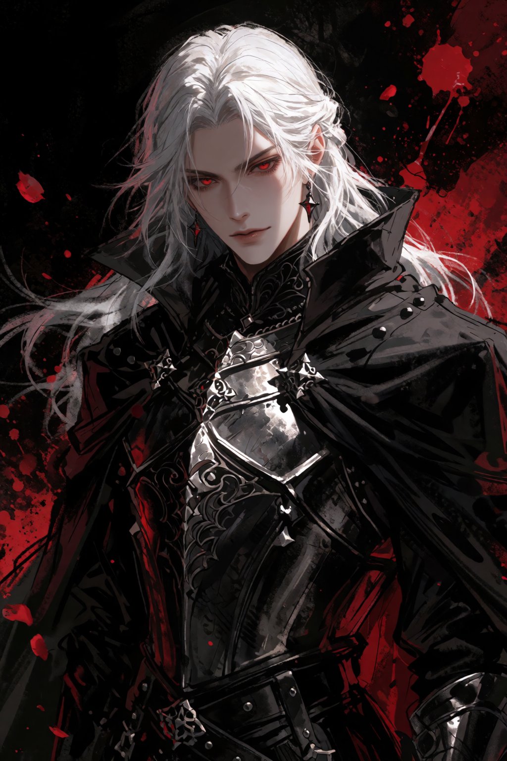 A striking gothic portrait of an elegant young man with flowing,  long white hair and sharp crimson eyes,  looking directl...