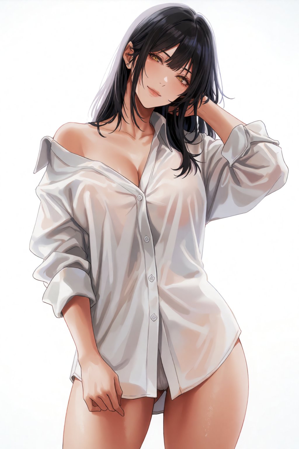 This premium anime illustration depicts a beautiful young woman standing confidently in a minimalist studio,  creating an...