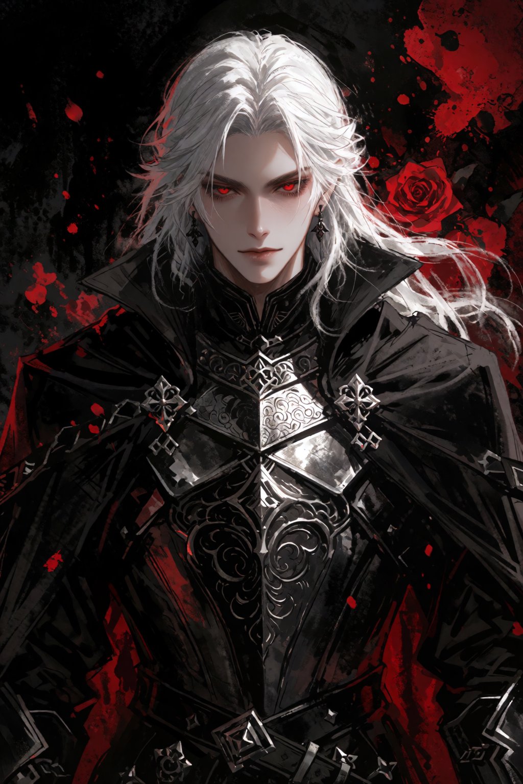 A striking gothic portrait of an elegant young man with flowing,  long white hair and sharp crimson eyes,  looking directl...