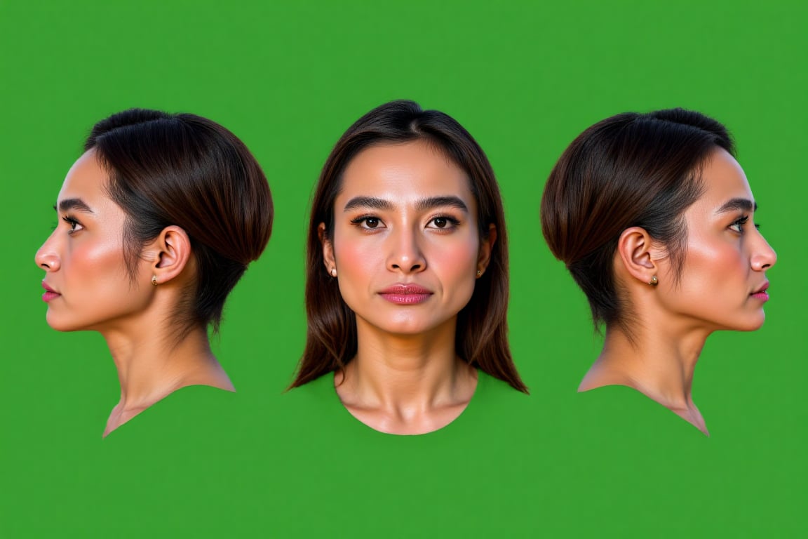 Ultra-realistic seamless triptych portrait reference for 3D character modeling in Blender. A single landscape image contai...