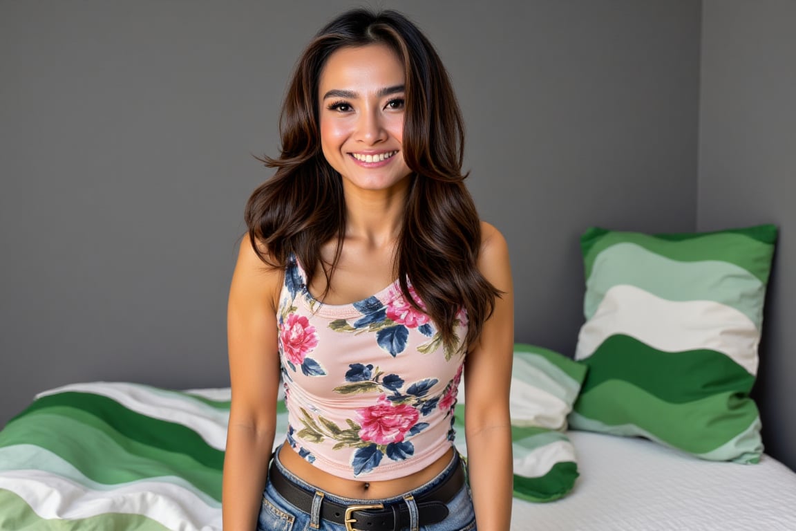 A photograph of a young woman with fair skin and wavy brown hair smiling confidently. She is wearing a sleeveless floral c...