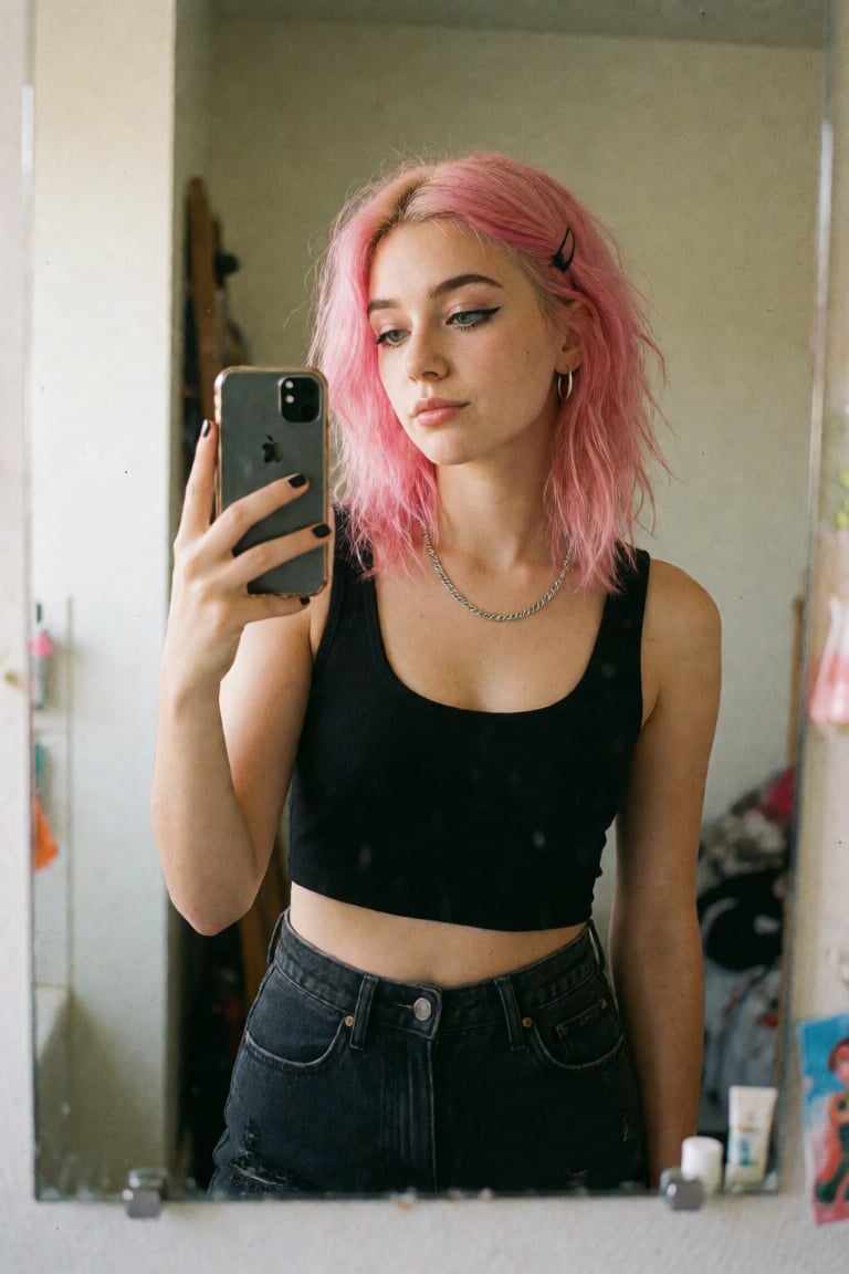 Framing: 2/3 shot,  capturing the subject from mid-thigh to the top of her head. The subject holds a smartphone in one han...