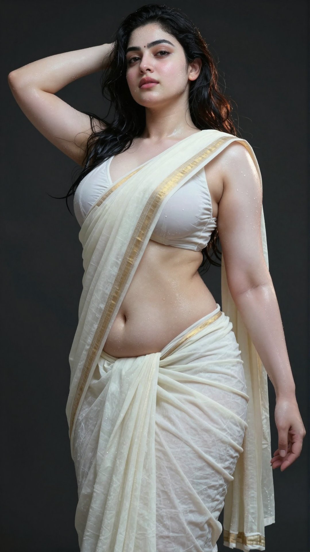 A worm’s-eye low-angle shot captures a young,  slim Mallu woman with extreme wet,  white ivory pale skin by LoRa Factory o...
