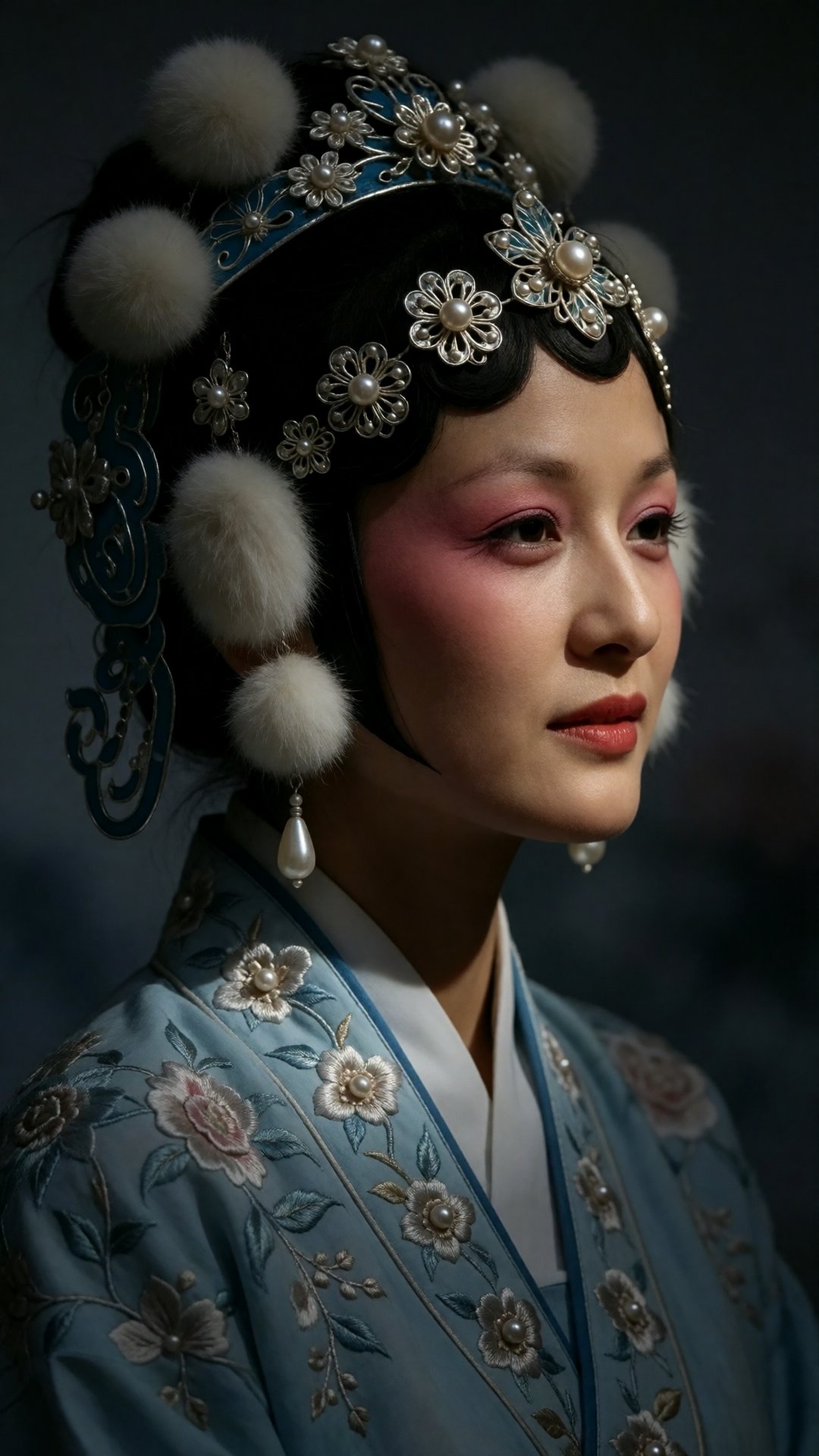 中国女孩小美,  特写侧影镜头下,  一名身着精致中式戏曲戏服的人物映入眼帘。表演者头戴做工繁复华丽的银质头饰 by SUNSHINE on Tensor.Art