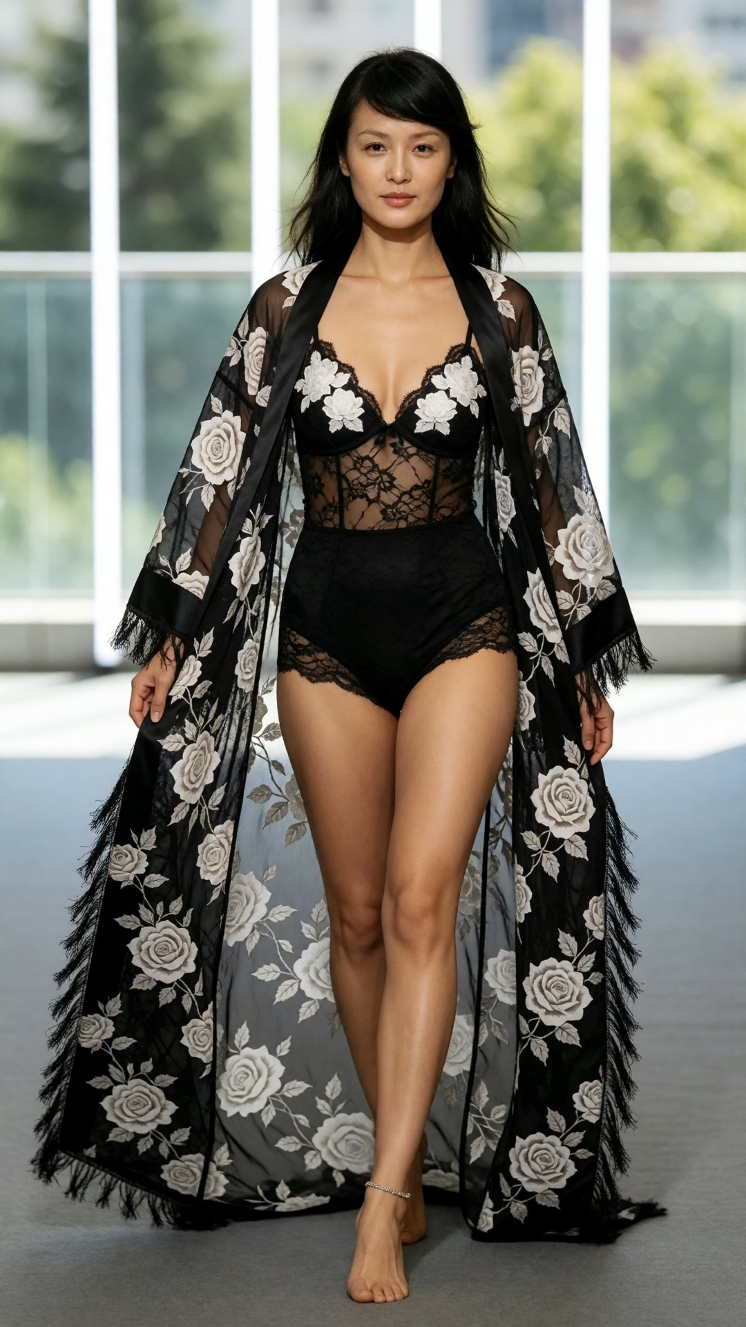中国女孩小美,  A full-length,  high-fashion photograph captures an East Asian woman walking forward on a smooth gray runway. She...